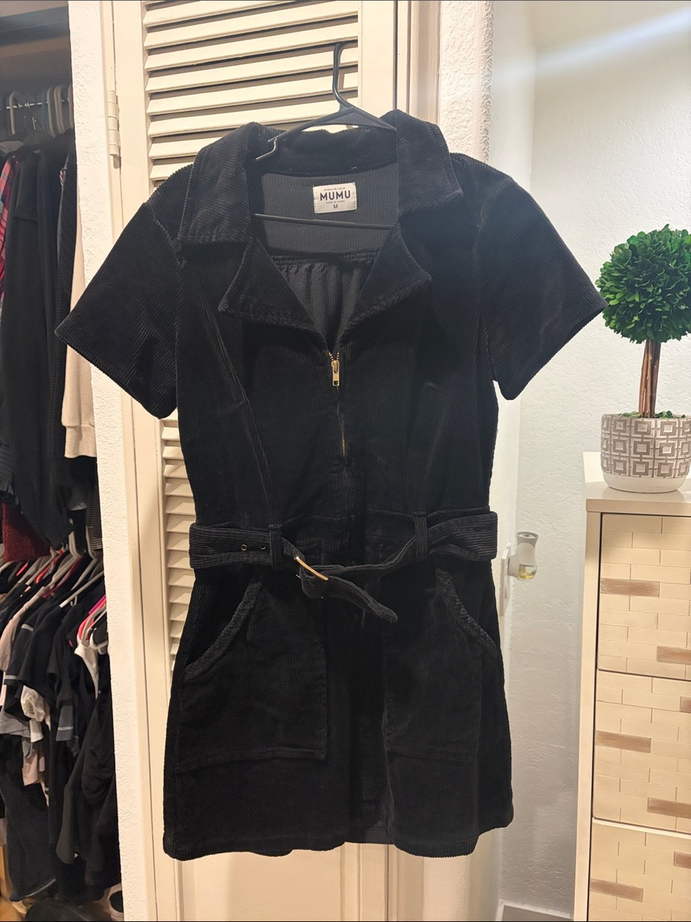 Show me your mumu Black Corduroy Short Sleeve dress with Belt